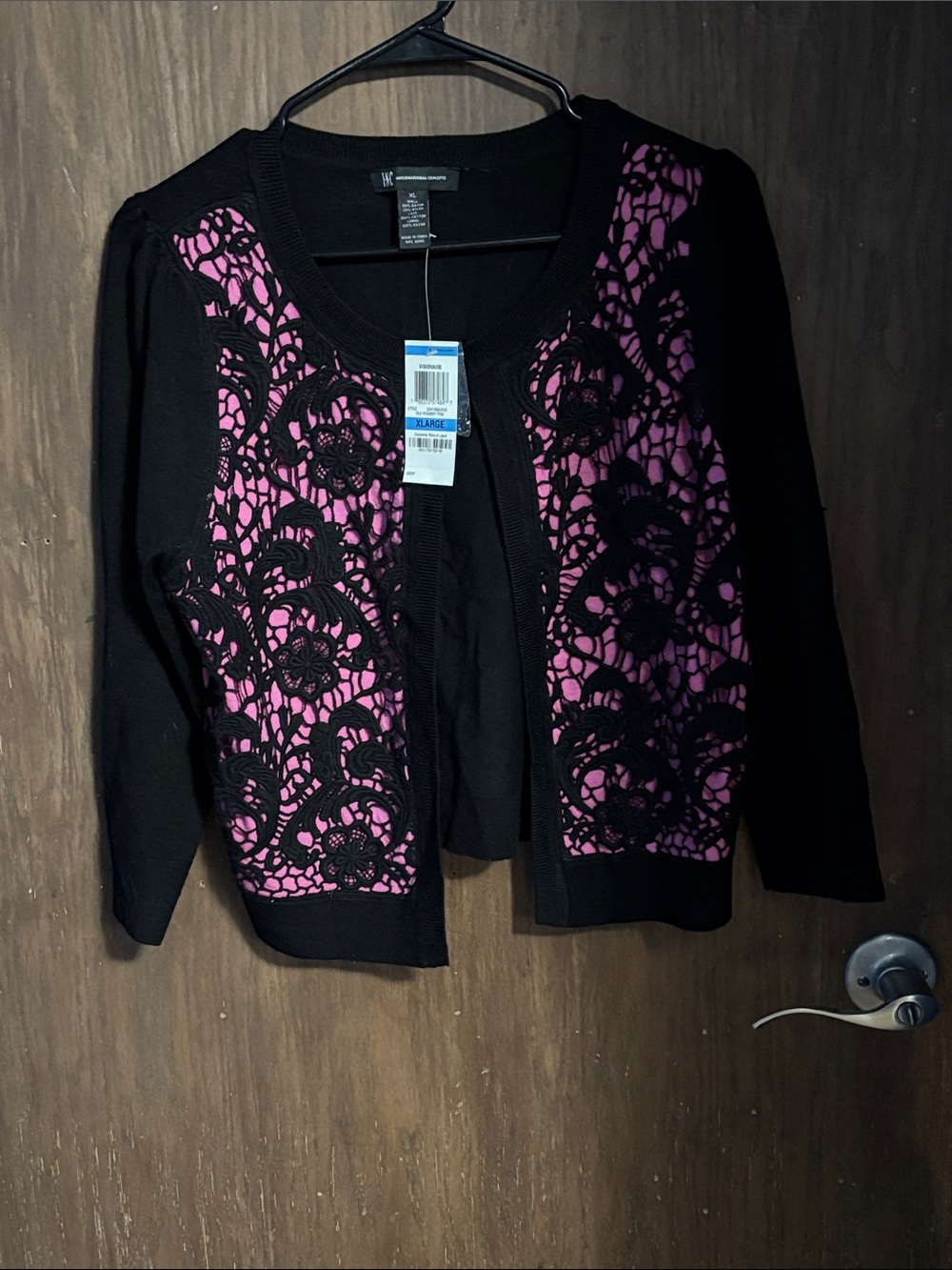 Women's Black Cardigan with Pink Lace-Effect Front Panels